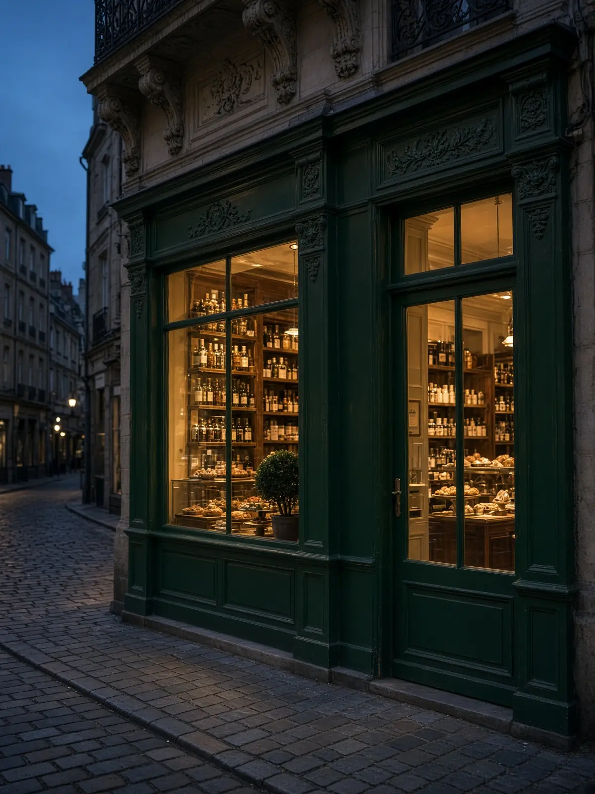 La façade de Cadici, Grande rue, le soir.